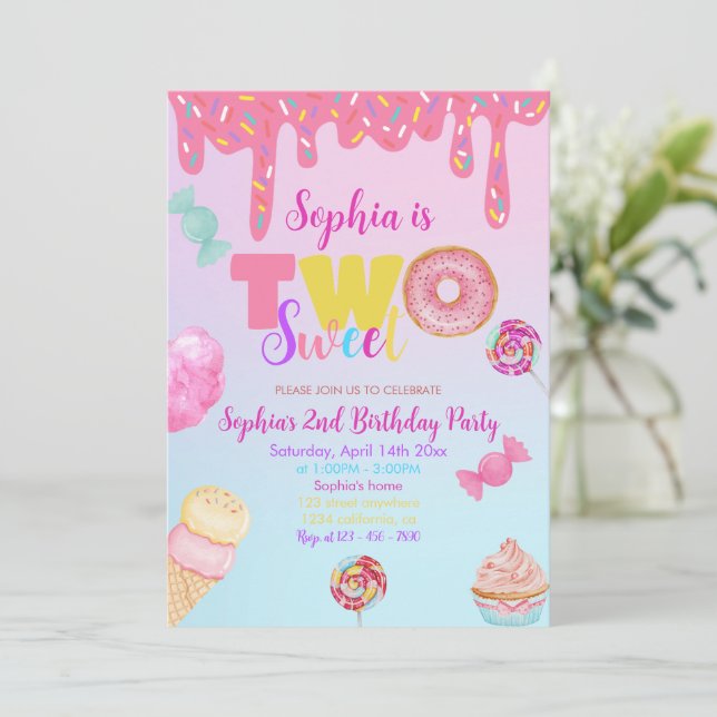 Two Sweet Girl Doughnut Pink candy 2nd Birthday  Invitation (Standing Front)