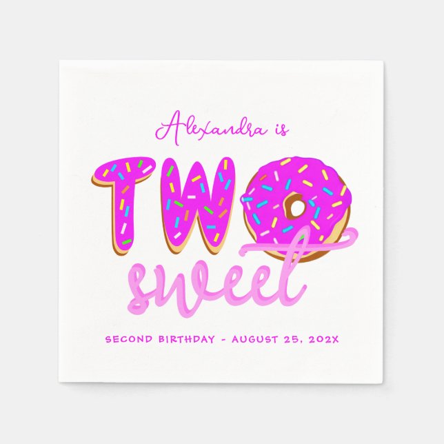 Two Sweet Girl Doughnut Sprinkles Pink 2nd Birthda Napkin (Front)