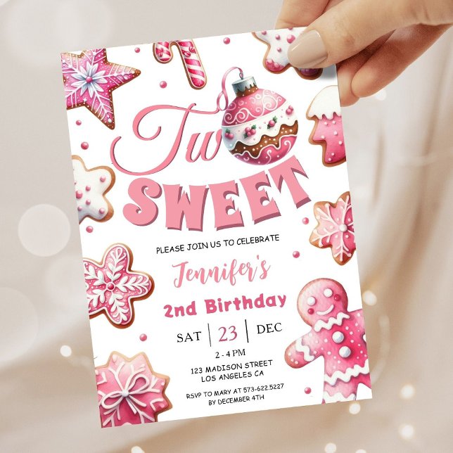 Two Sweet Girl Pink Cookie Christmas 2nd Birthday Invitation (Creator Uploaded)