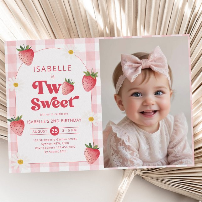 Two Sweet Girl Strawberry 2nd Birthday Party Photo Invitation (Creator Uploaded)