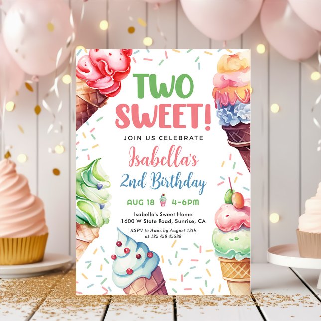 Two Sweet Girls Ice Cream 2nd Birthday  Invitation (Creator Uploaded)