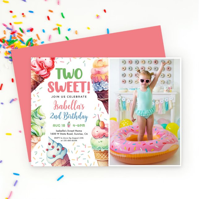 Two Sweet Girls Ice Cream 2nd Birthday  Invitation (Creator Uploaded)