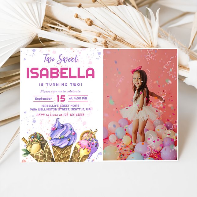 Two Sweet Girls Ice Cream 2nd Birthday Photo Invitation (Creator Uploaded)