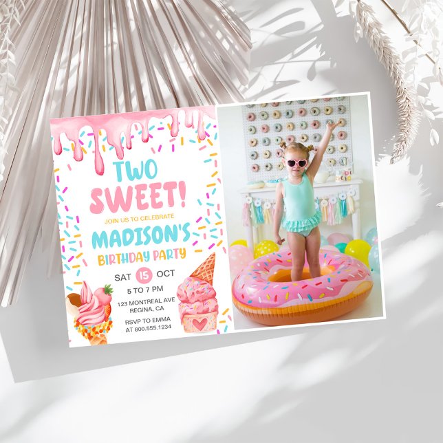 Two Sweet Girls Ice Cream 2nd Birthday Photo Invitation (Creator Uploaded)