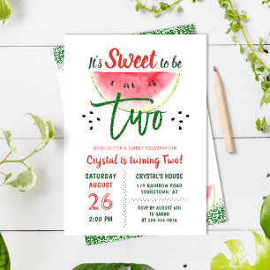 Two Sweet Glitter Watermelon Second Birthday Invitation
