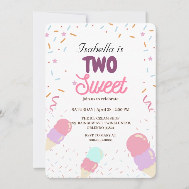 Two Sweet ice cream and Sprinkle 2nd Birthday Girl Invitation (Front)