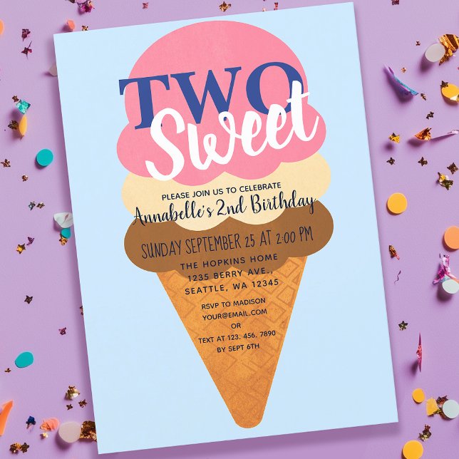 Two Sweet Ice Cream Cute Kids 2nd Birthday Invitation (Creator Uploaded)