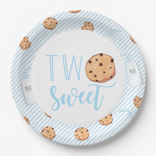 Two Sweet Milk and Cookies blue Birthday Party Pap Paper Plate (Front)