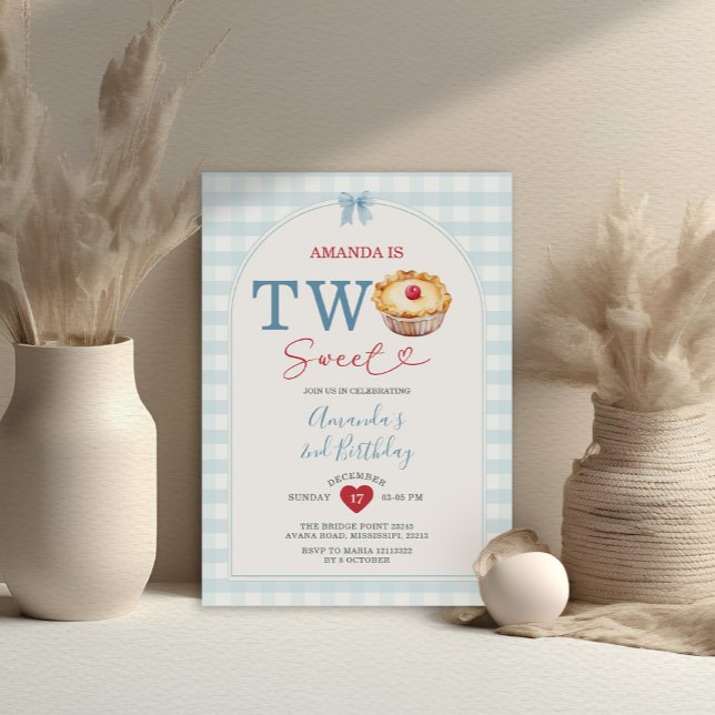 Two Sweet Pie Cherry Blue Gingham 2nd Birthday Invitation (Creator Uploaded)
