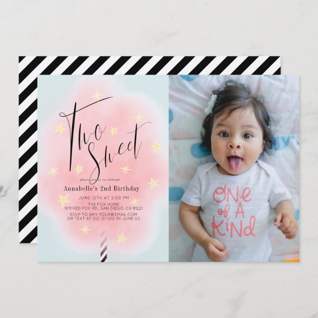 Two Sweet Pink Cotton Candy 2nd Birthday Photo Invitation (Front/Back)