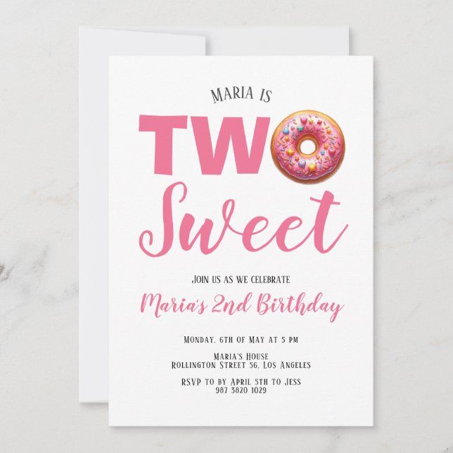 Two Sweet Pink Doughnut 2nd Birthday Invitation (Front)