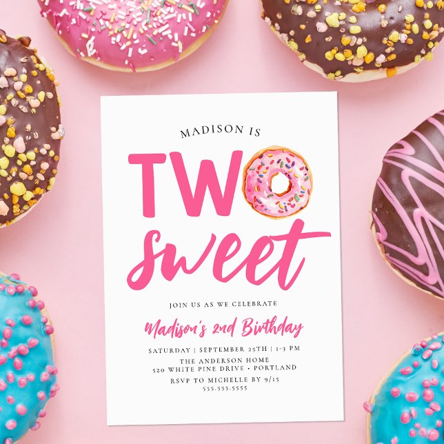 Two Sweet Pink Doughnut 2nd Birthday Invitation (Creator Uploaded)