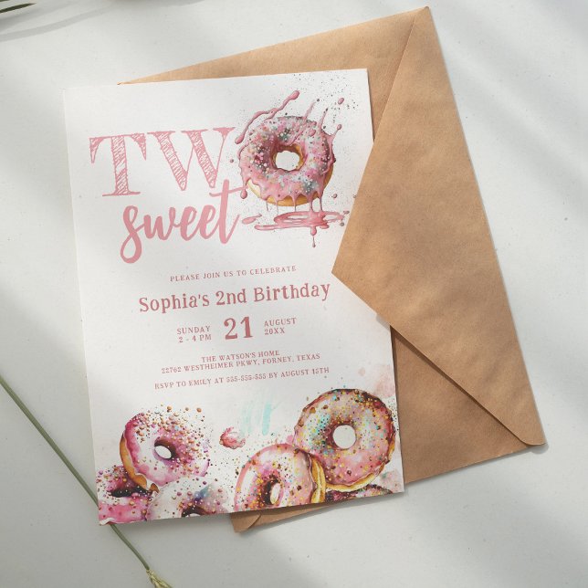 Two Sweet Pink Doughnut Girl 2nd Birthday Invitation (Creator Uploaded)