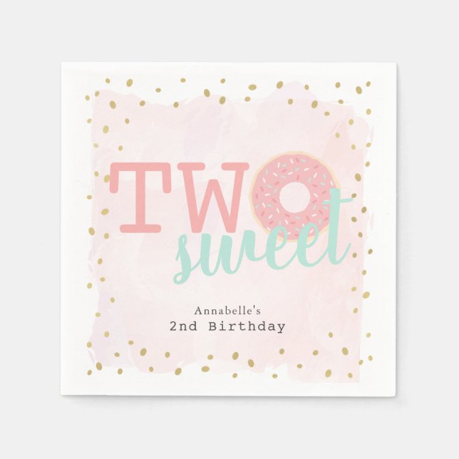 Two Sweet Pink Doughnut Girl's Birthday Paper Napkin (Front)