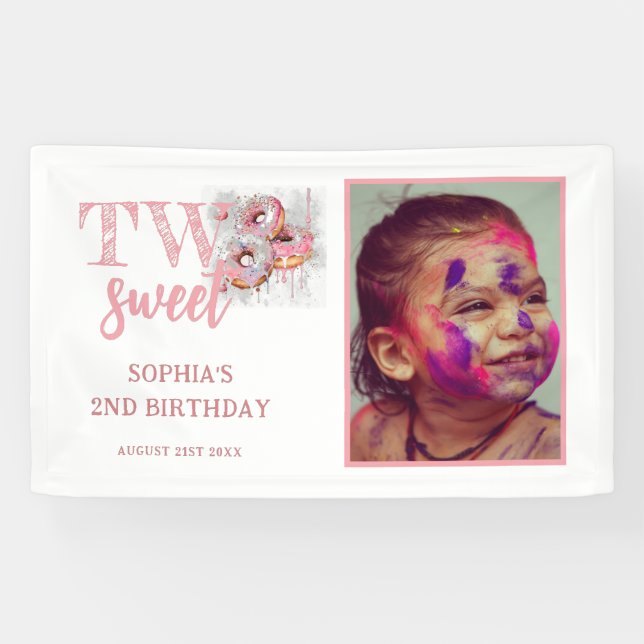 Two Sweet Pink Doughnut Photo Girl 2nd Birthday Banner (Horizontal)