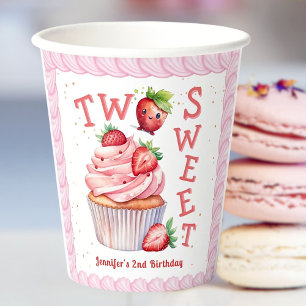 TWO Sweet! Pink Girl Strawberry 2nd Birthday Paper Cups
