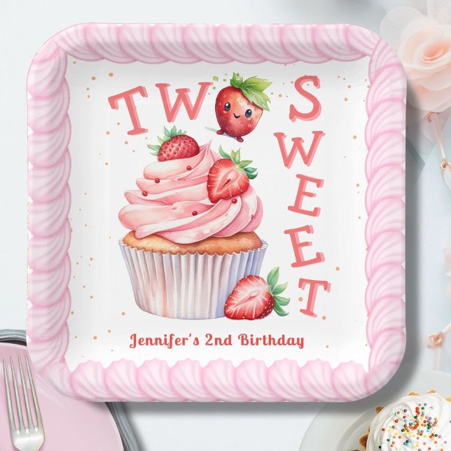 TWO Sweet! Pink Girl Strawberry 2nd Birthday Paper Plate (Creator Uploaded)