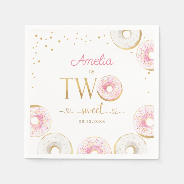 Two Sweet Pink Gold Doughnuts Birthday Napkin (Front)