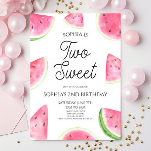 Two Sweet Pink Green Watermelon 2nd Birthday Party Invitation