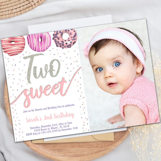 Two Sweet Silver Doughnut Birthday Invitations pho (Two Sweet Silver Donut Birthday Invitations photo)