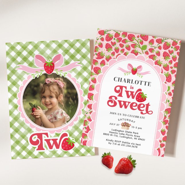 Two Sweet Strawberry 2nd Birthday Invitation (Two Sweet Strawberry 2nd Birthday Invitation)