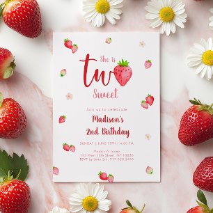 Two Sweet Strawberry 2nd Birthday Invitation