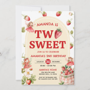 Two Sweet Strawberry 2nd Birthday Party Invitation