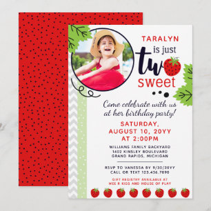 TWO Sweet Strawberry Baby 2nd Second Birthday Invitation