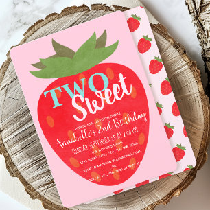 Two Sweet Strawberry Cute Kids Second Birthday Invitation