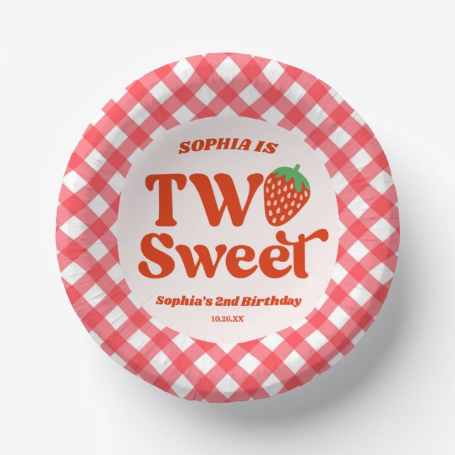 Two Sweet Strawberry Fruit 2nd Birthday Party Paper Plate (Front)
