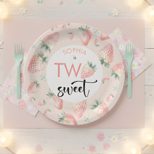 Two sweet strawberry kids birthday paper plate