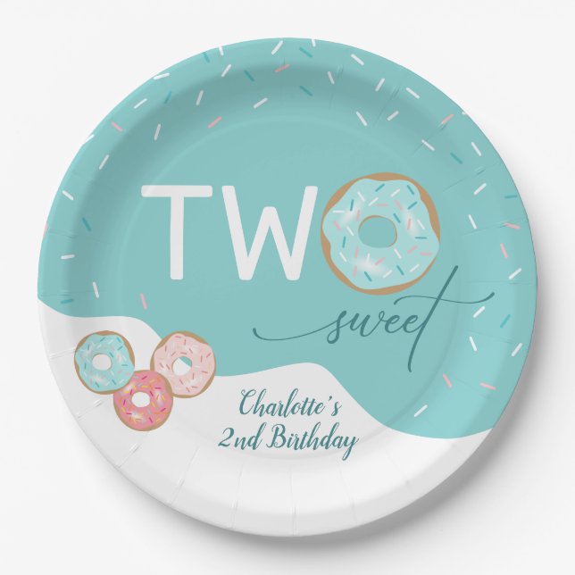 Two Sweet Teal Girls 2nd Birthday Party Paper Plate (Front)