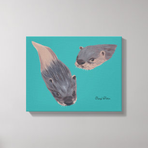 Two Swimming Otters Painting Wrapped Canvas