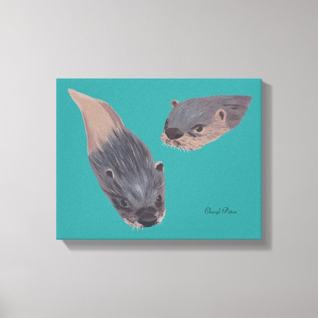 Two Swimming Otters Painting Wrapped Canvas (Front)