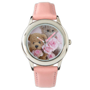 two teddy bears holding roses girl's watch