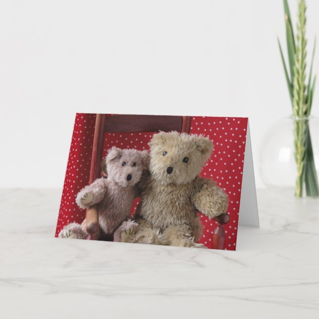 two teddy bears in a red chair greeting card (Front)