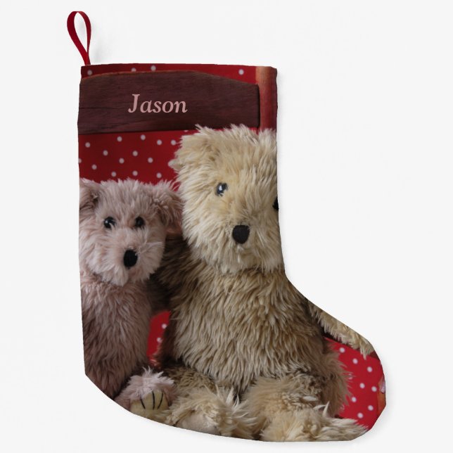 Two teddy bears in a red chair small christmas stocking (Front)