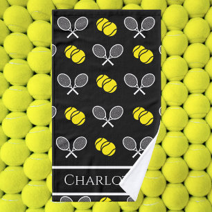 Two Tennis Balls and White Rackets Pattern Black Hand Towel