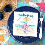 Two The Beach | Kids 2nd Birthday Napkin<br><div class="desc">Fun, summery kid's 2nd birthday party napkins feature a tropical beach directional sign with turquoise ocean waves, sea birds, starfish sea shells and "Take me TWO the beach" typography. You can personalise the text with your little one's name, date, and a couple of your favourite dream destinations (or whatever text...</div>