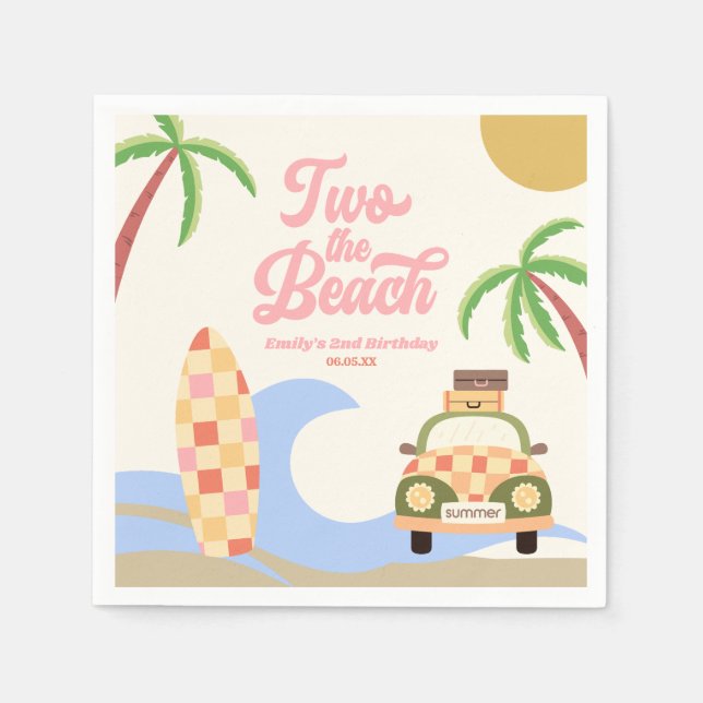 Two The Beach Surf Pink 2nd Birthday Party Napkin (Front)