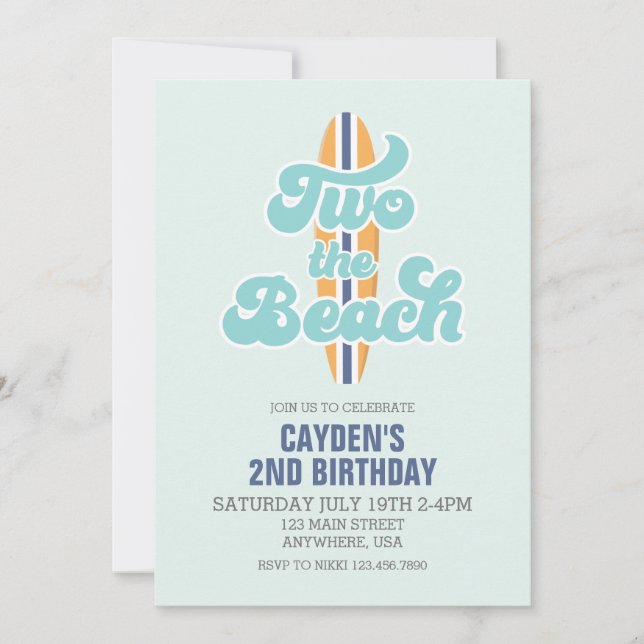 Two the Beach Surfboard Beach 2nd Birthday Invitation (Front)