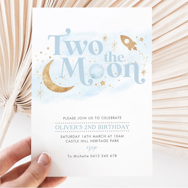 Two The Moon 2nd Birthday Boy Blue Gold Invitation (Creator Uploaded)