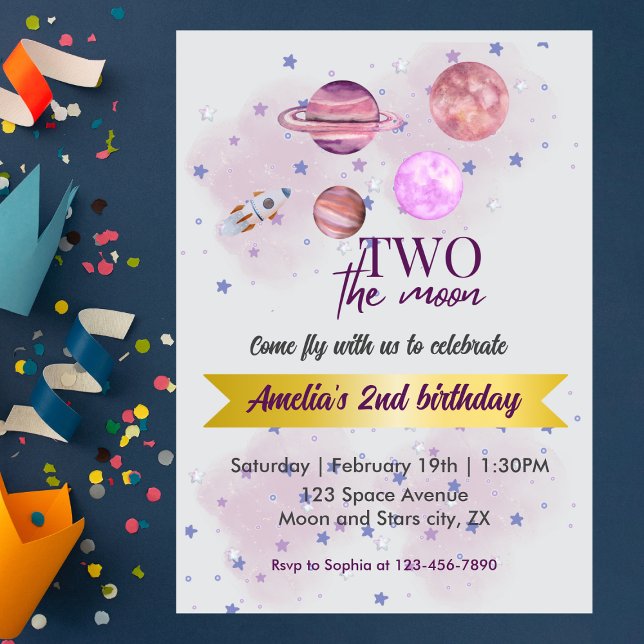 Two The Moon 2nd Birthday Girl Moon Stars Rocket  Invitation (Creator Uploaded)