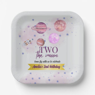 Two The Moon 2nd Birthday Girl Moon Stars Rocket  Paper Plate