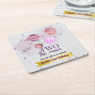 Two The Moon 2nd Birthday Girl Moon Stars Rocket Square Paper Coaster