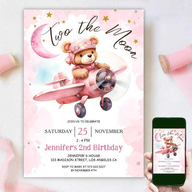 TWO the Moon | 2nd Birthday Girl Pink  Invitation (Creator Uploaded)