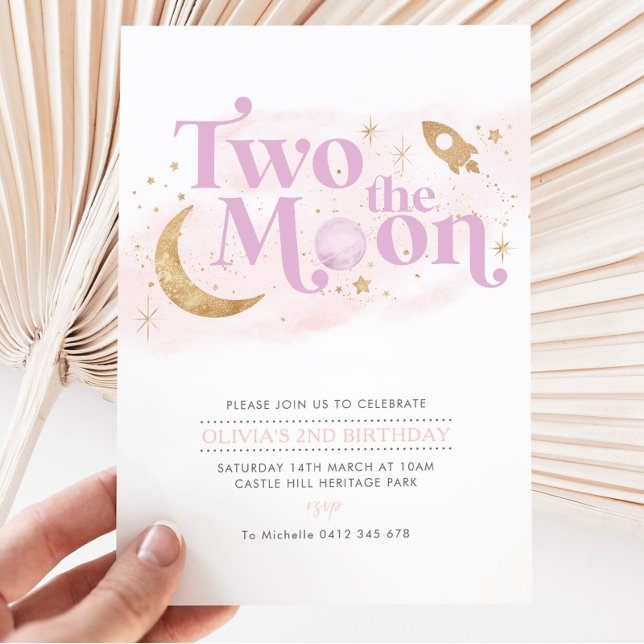 Two The Moon 2nd Birthday Girl Purple Gold Invitation (Creator Uploaded)
