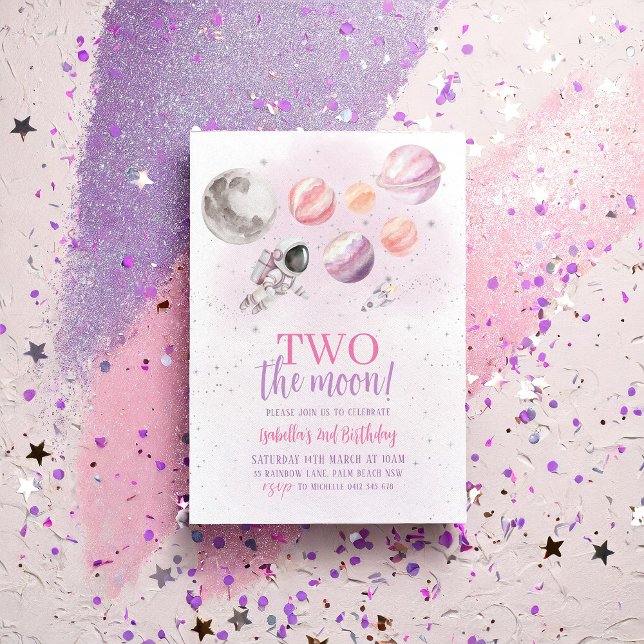 Two The Moon 2nd Birthday Girl Space Silver  Invitation (Two The Moon! Girls 2nd Birthday Space Themed Invitation )