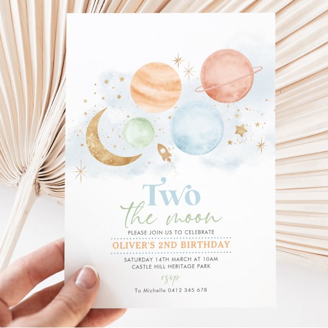 Two The Moon 2nd Birthday Invitation Boy Gold (Creator Uploaded)
