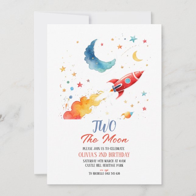 Two the Moon 2nd Birthday Invitation Rocket & Star (Front)